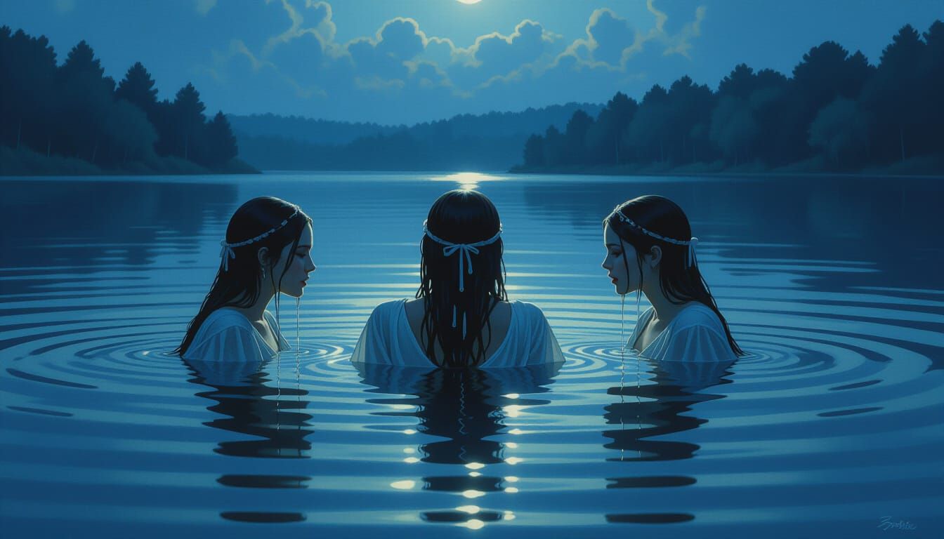 Naiads Swimming in Moonlit Lake, Atmospheric Realism