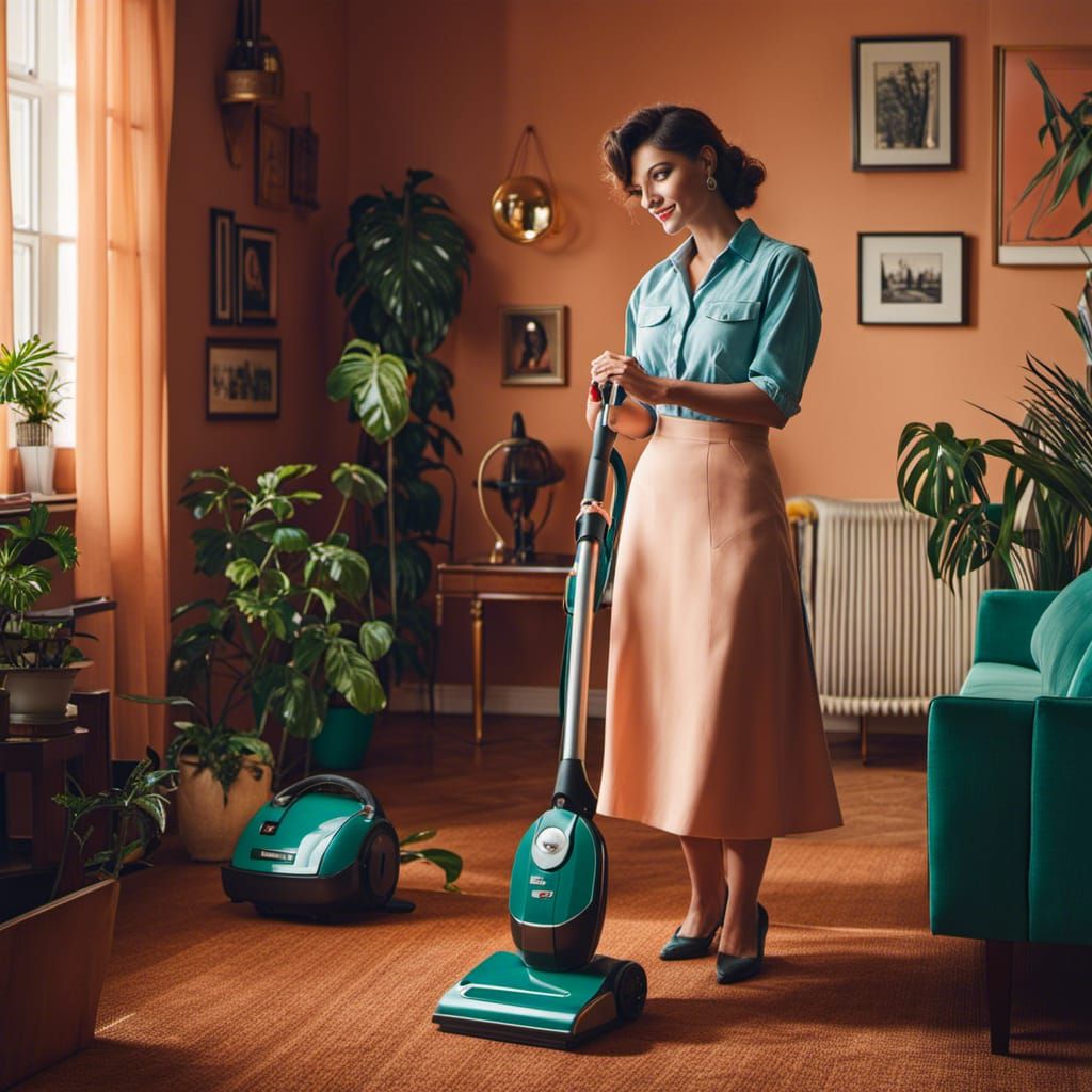 1950s Housewife Vacuuming in Retro Style
