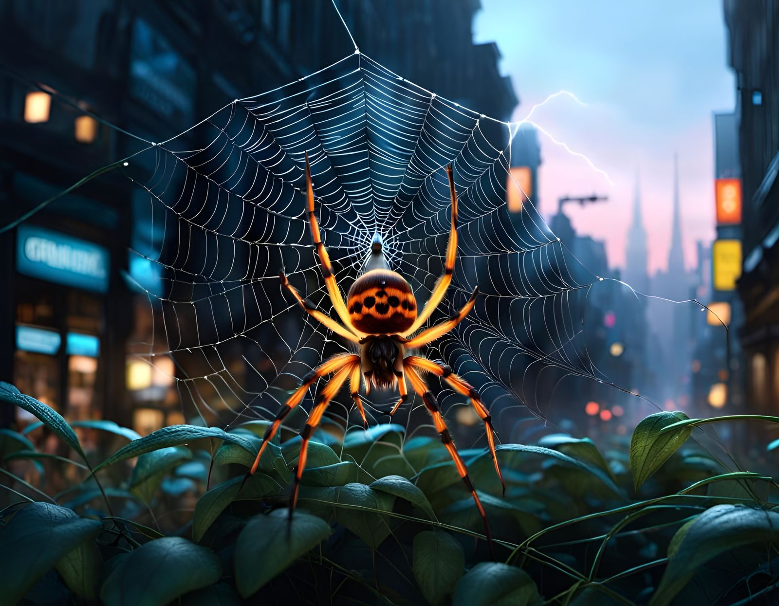 Glowing Spiderweb with Neon Spider, Digital Art