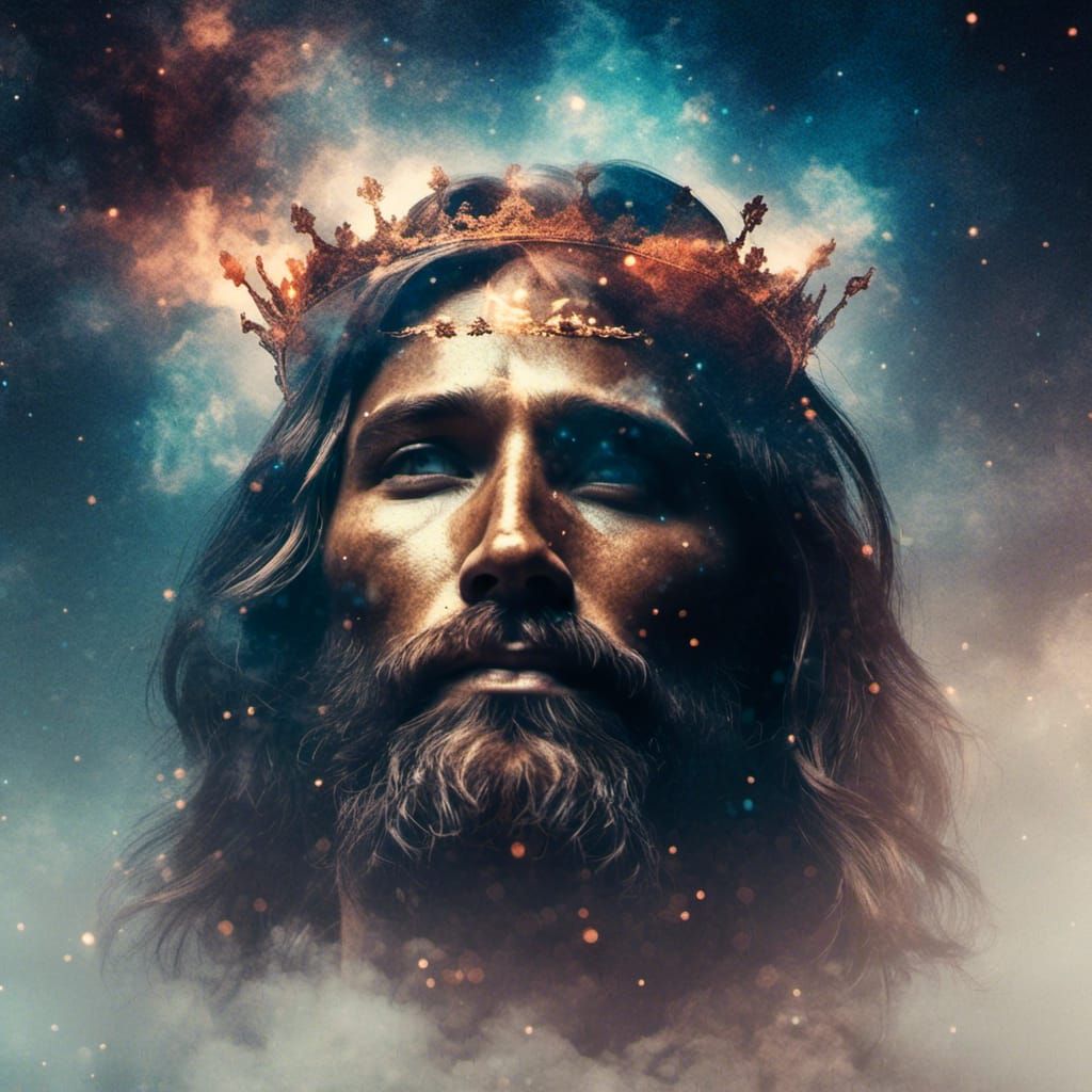 Double Exposure: Smiling King Jesus with Nebula