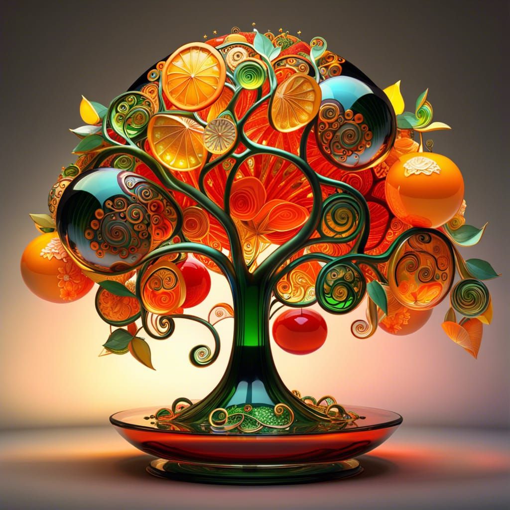 Glass Tree with Oranges in a Fantastic Garden