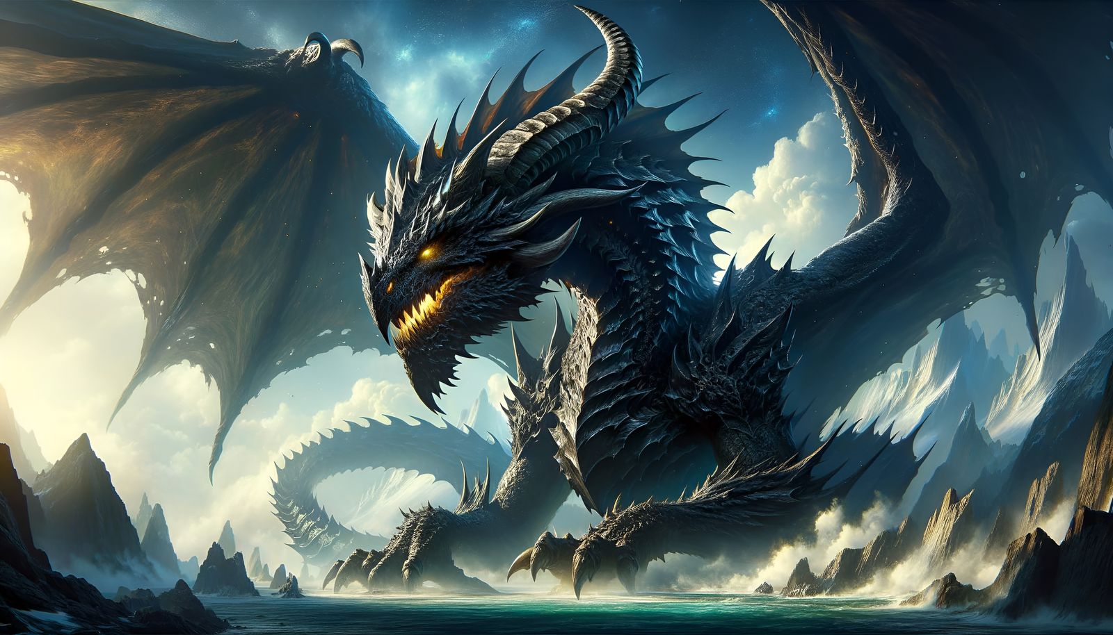 Ancient Black Dragon in Epic Fantasy Scene