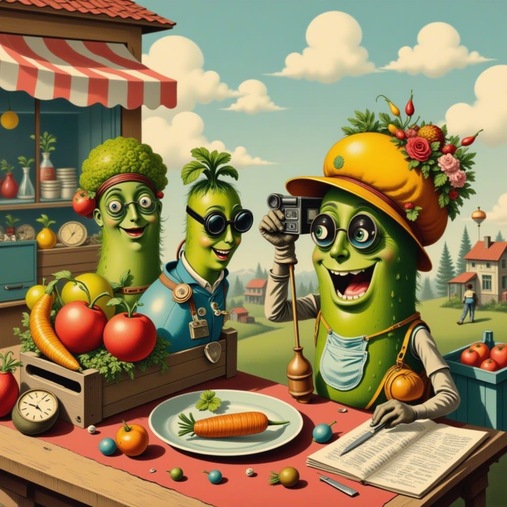 Cucumber Photographer in Whimsical Market Scene