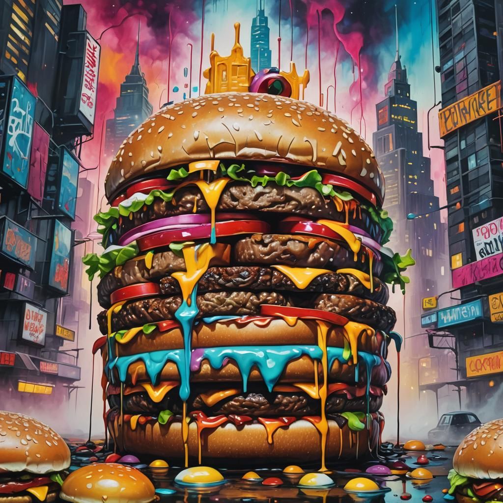 Surreal Burger City in Street Art Style