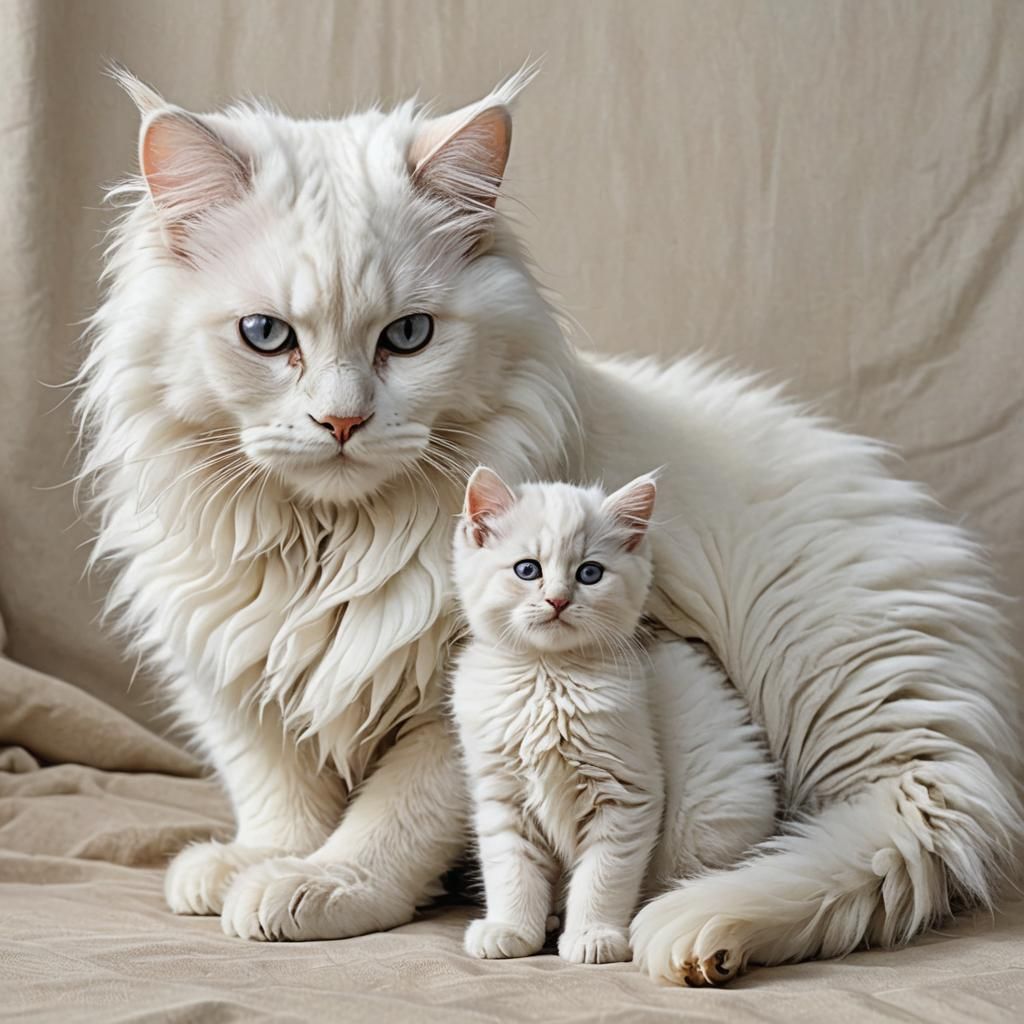 Fluffy White Cat Nurturing Kitten