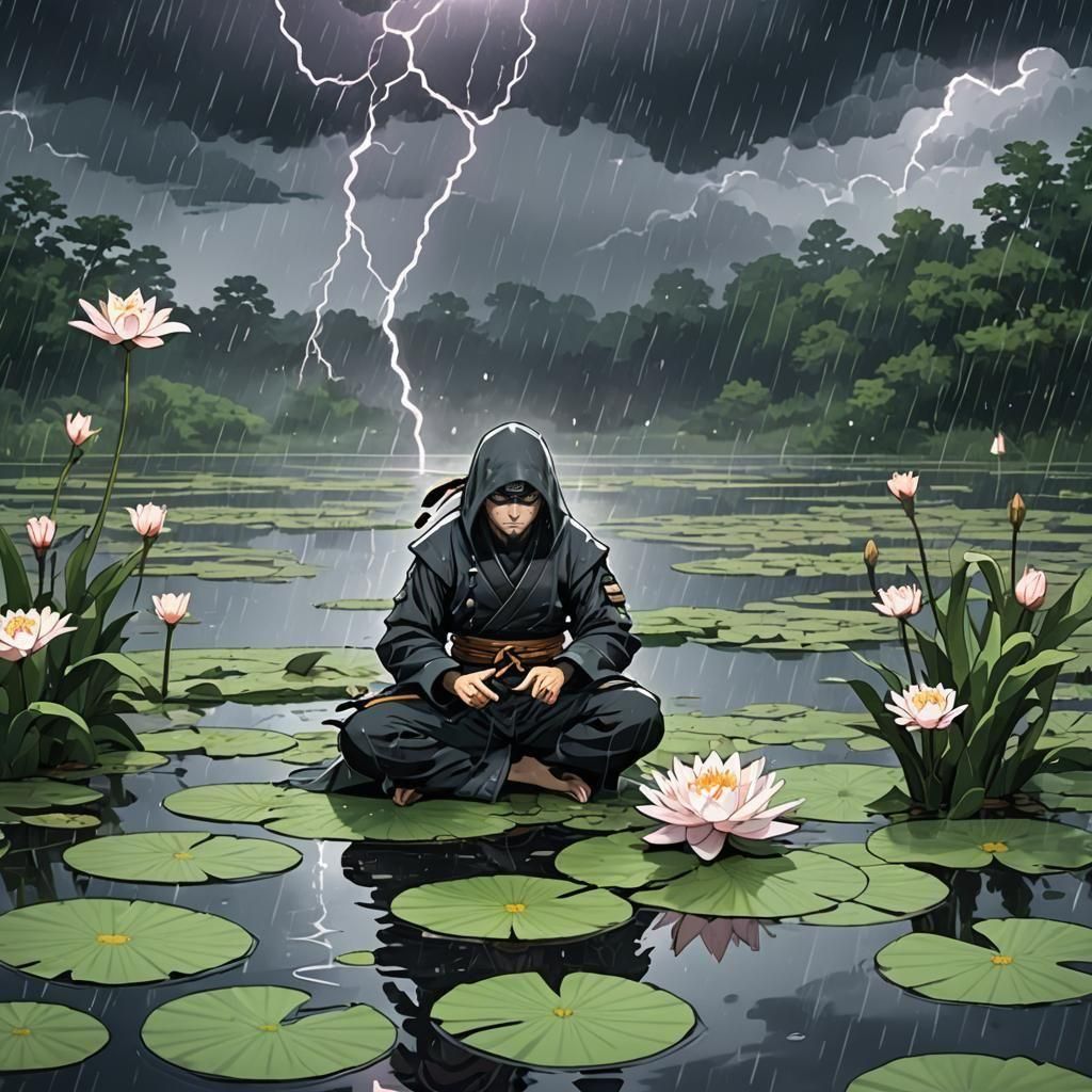 Ninja Meditating in Storm, Anime Style