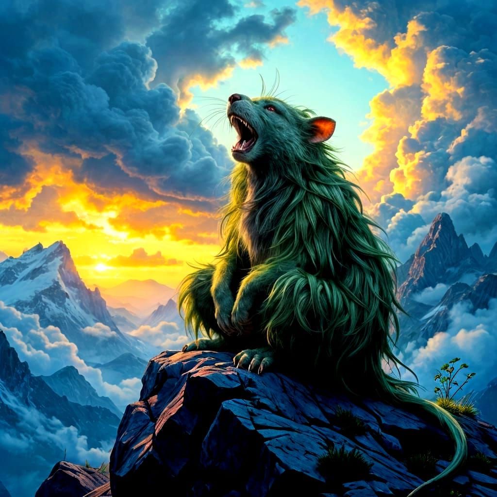 Rat Monster Howling on Mountain Top, Dark Fantasy Art