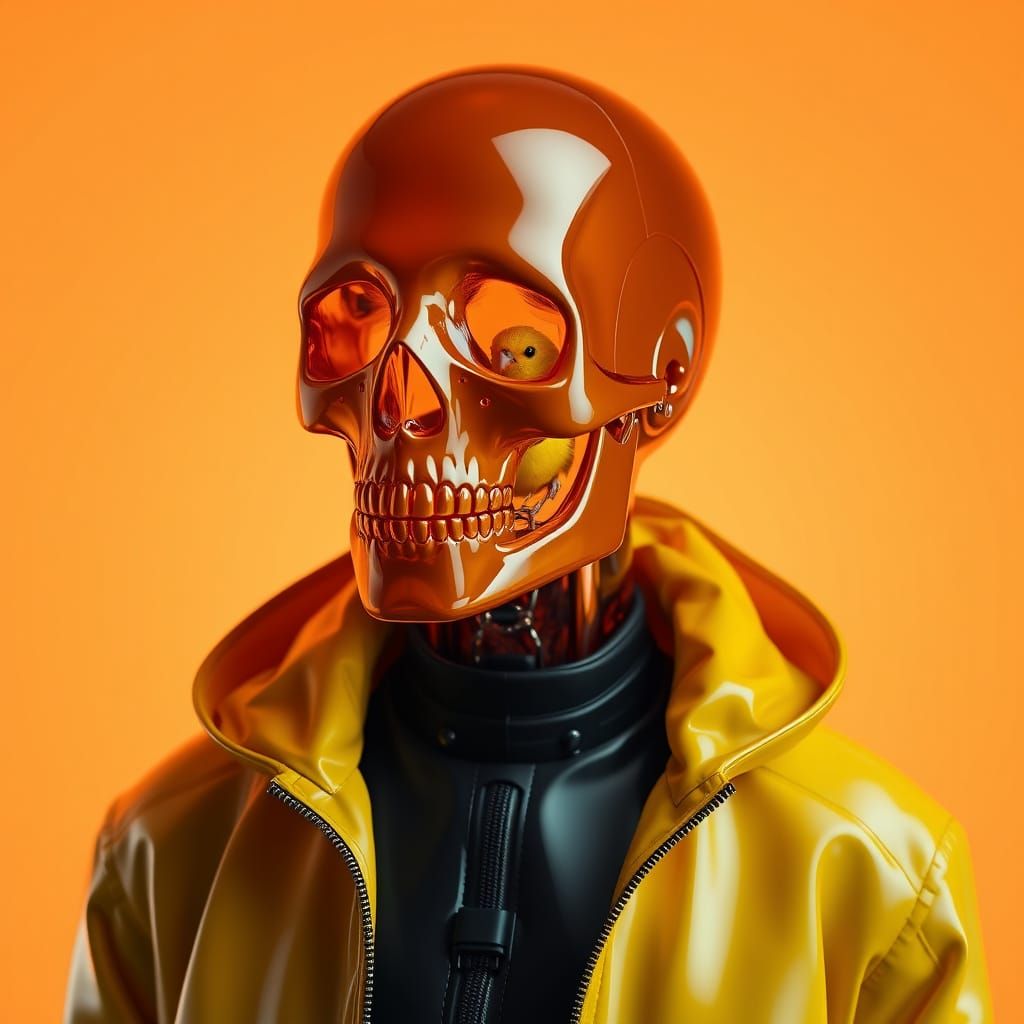 Android in Amber Glass Skull with Yellow Budgie