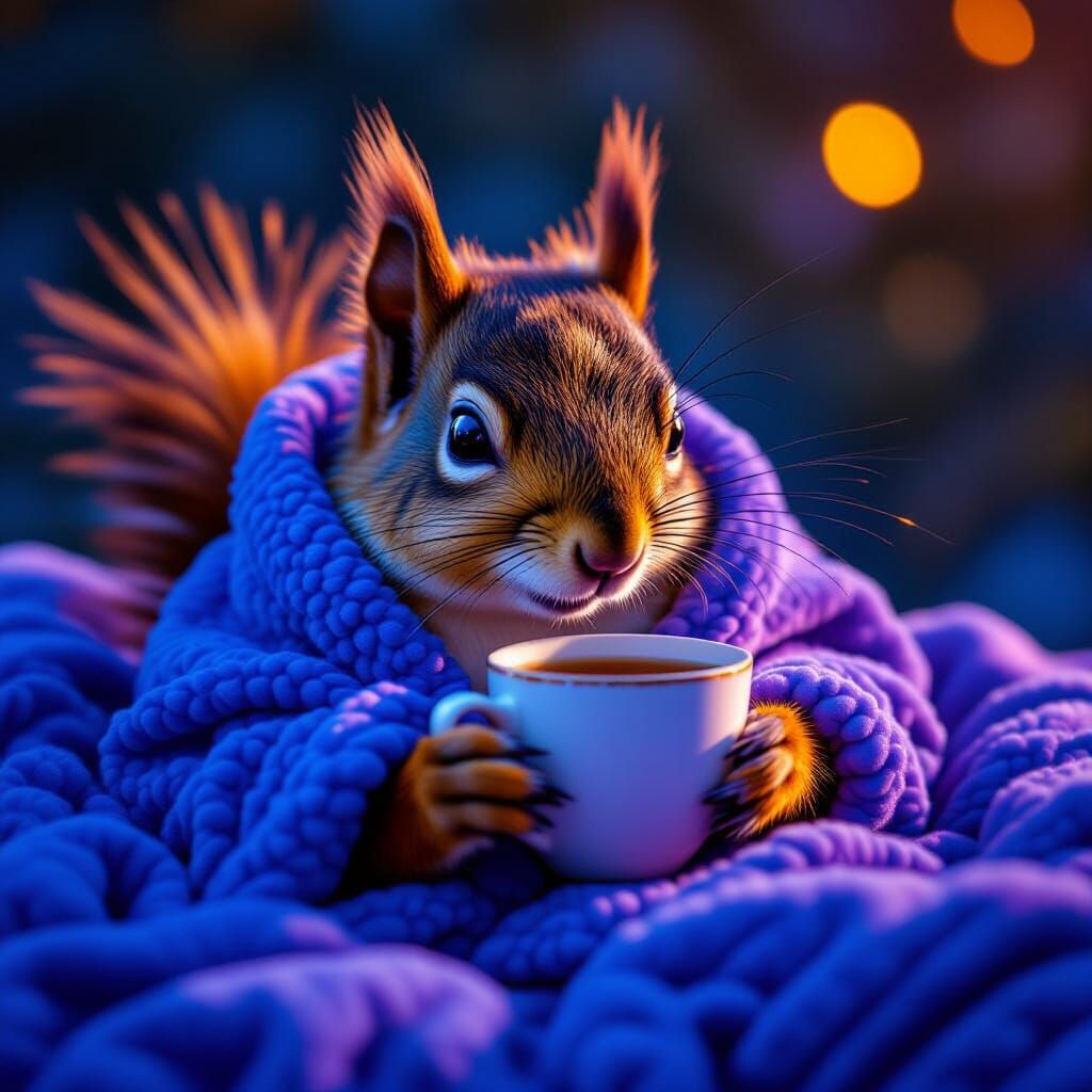 Realistic Squirrel Cozy With Tea in Dramatic Lighting