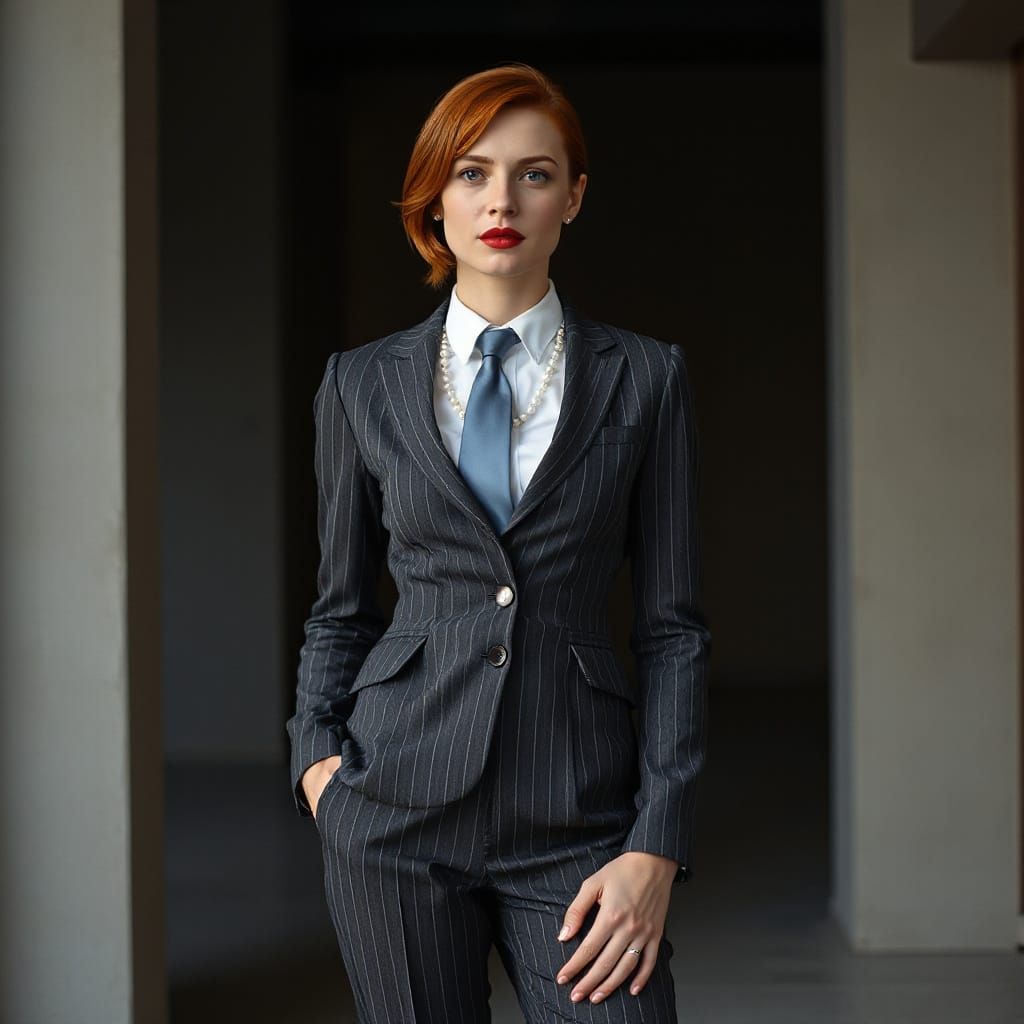 Confident Woman in Dark Gray Striped Suit