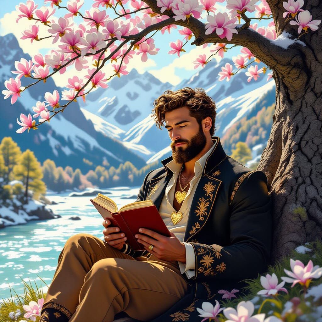 Man Reading Under Magnolia Tree in Art Nouveau Style