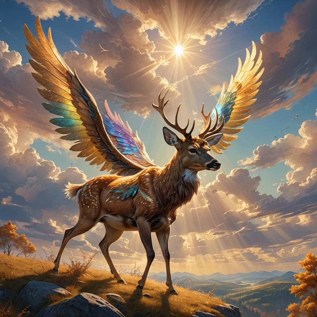 Winged Deer Flies Through Fantasy Landscape