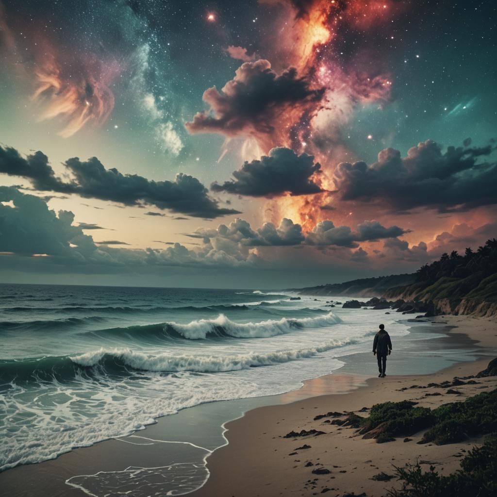 Dramatic Nebula Sky Over Sea Waves