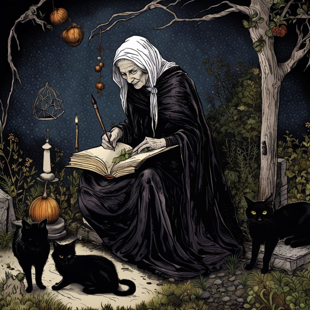 Pagan Witch's Harvest Ritual in Pen and Ink