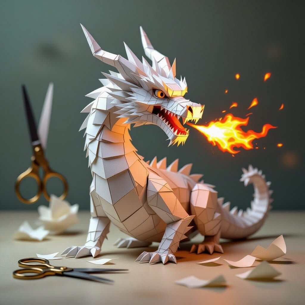 Majestic Paper Dragon Burns Paper: 3D Digital Art