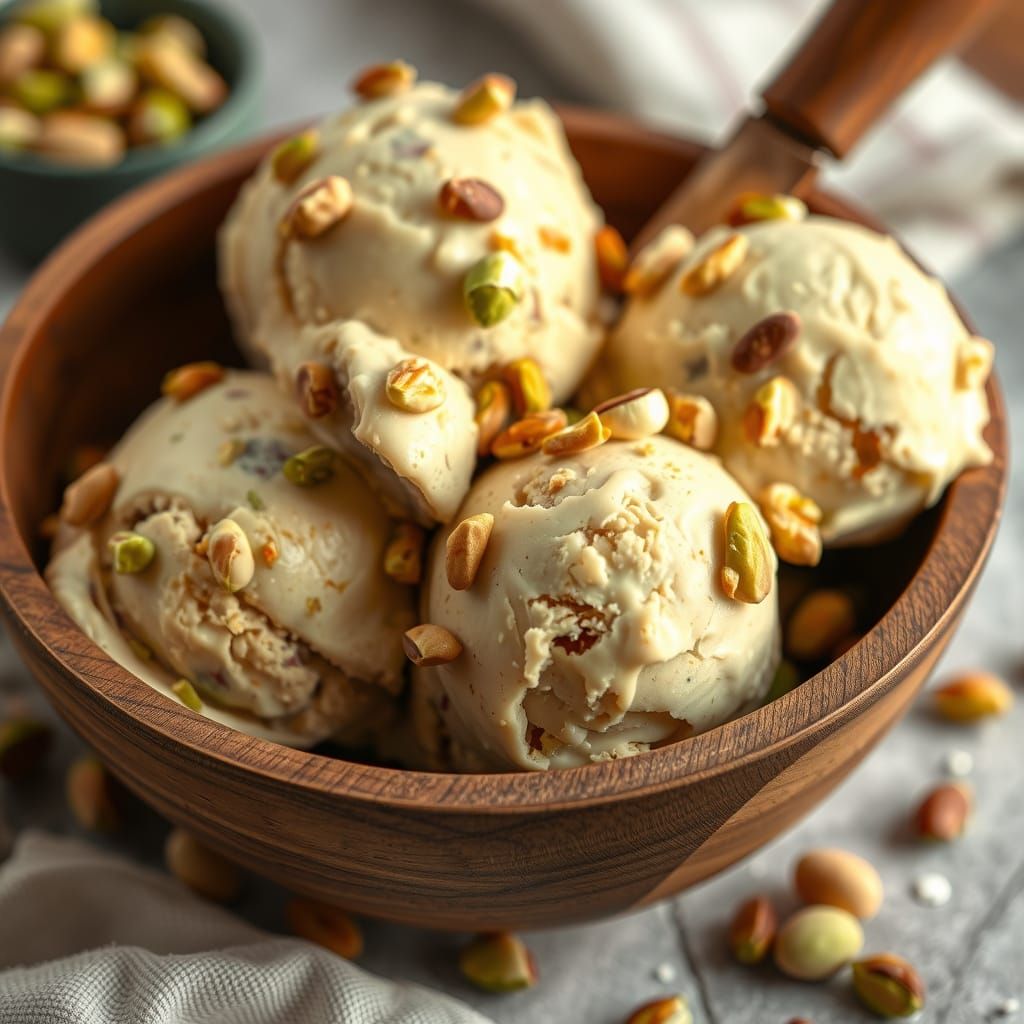 Pistachio Ice Cream in Rustic Bowl: Artisanal Photography