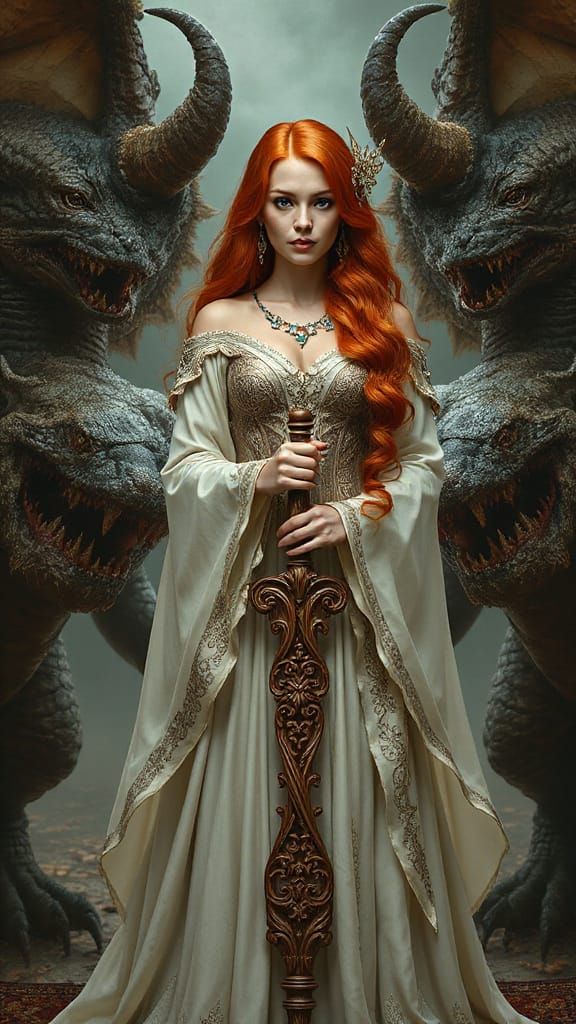 Red-Haired Enchantress with Monsters in High Resolution