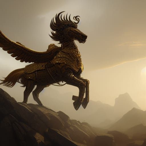 Viking Pegasus with Golden Armor in Dark Fantasy Style