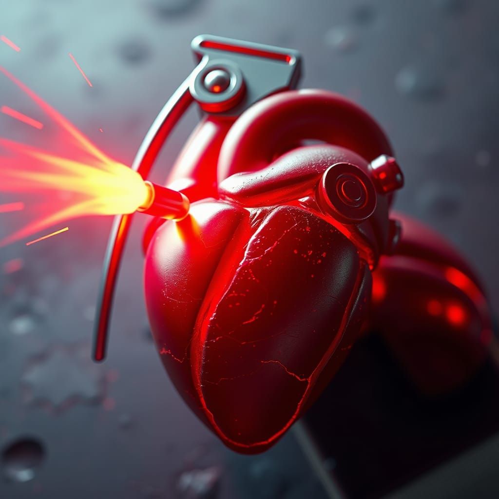 3D anime art. Close-up. An anatomical heart  hand grenade about to explode. Macro shot. Inspired by WLOP, Artstation, an...
