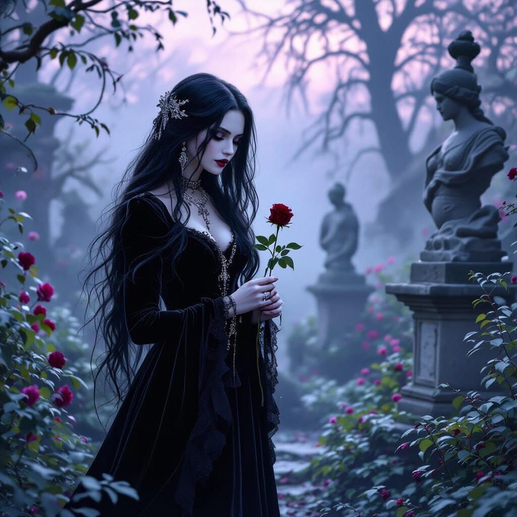 Melancholic Goth Woman in Victorian Garden, Digital Art