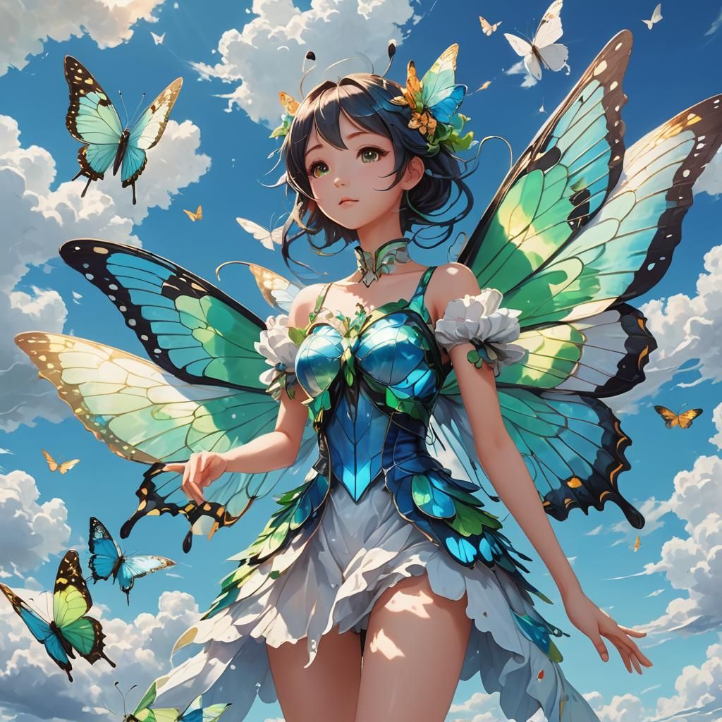 Iridescent Butterfly in Blue Sky: Anime Art