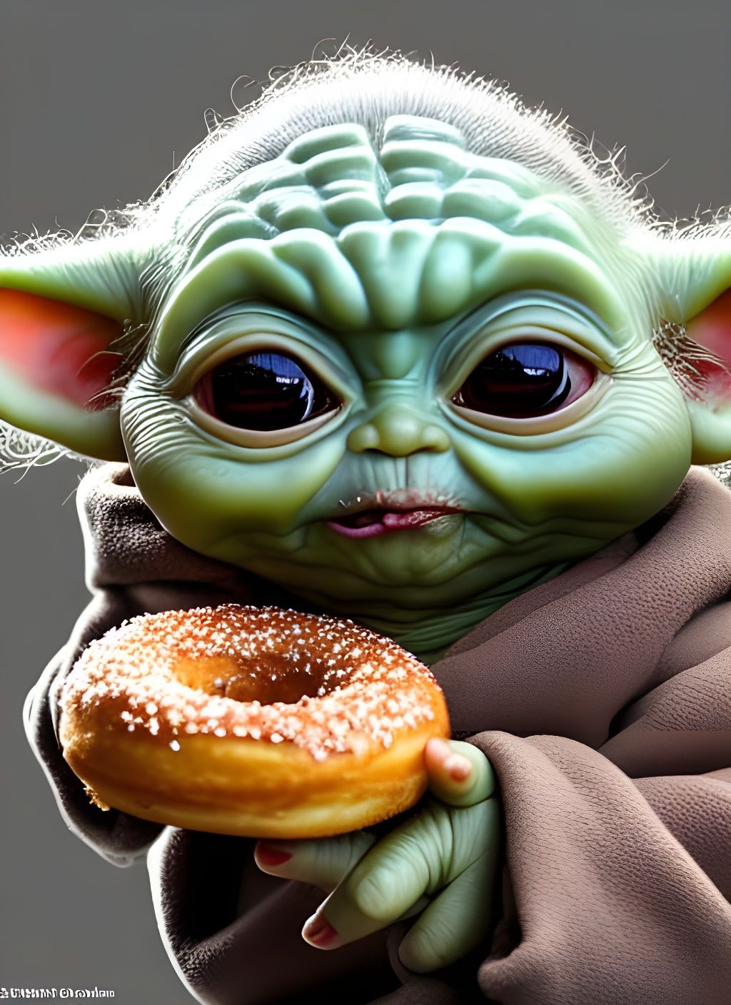 Hyper-Realistic Portrait of Grogu Eating a Donut