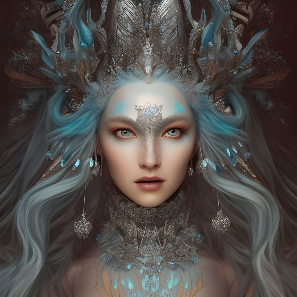 Silver Winter Goddess Digital Art in Maximalist Style