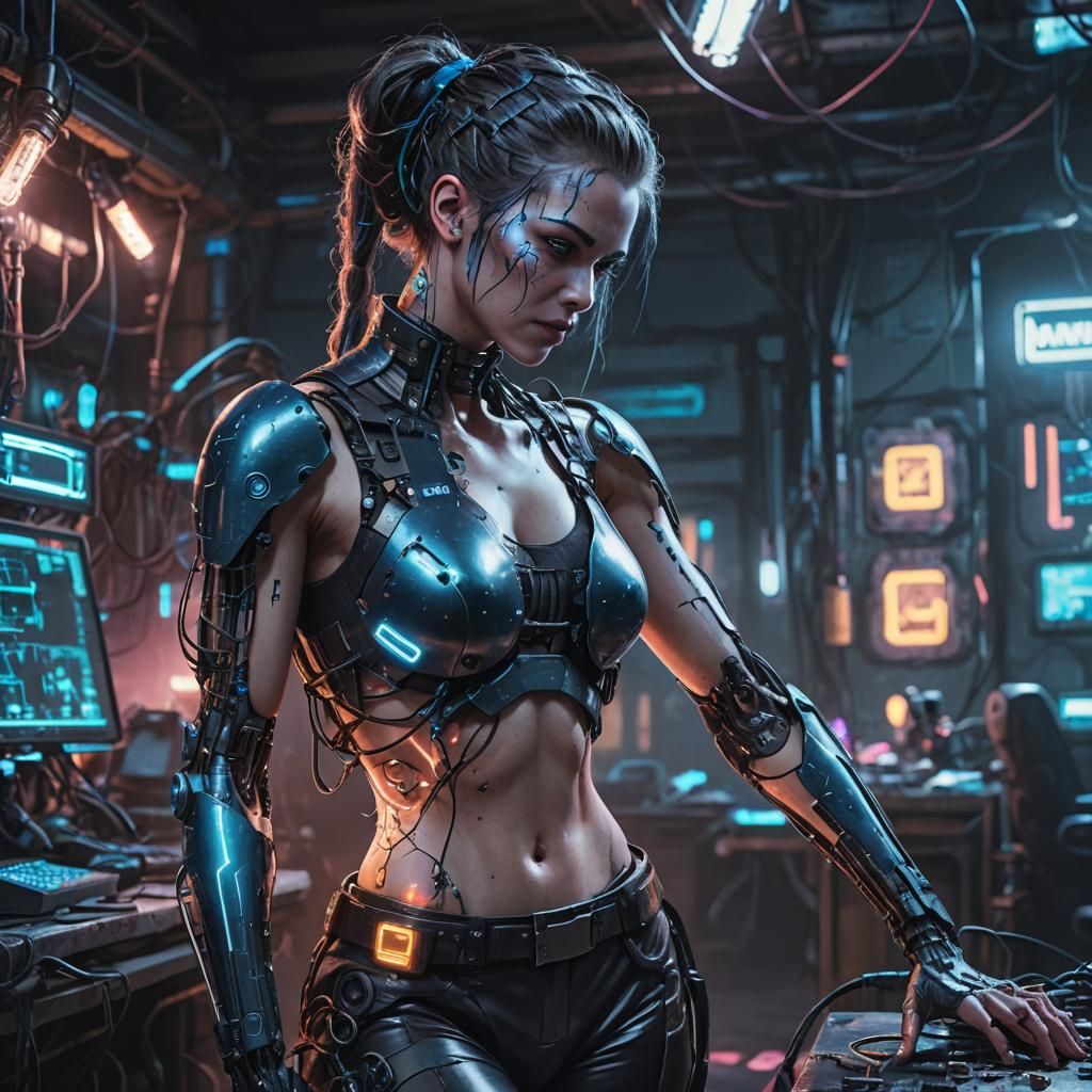 Cyborg Woman Receives Repairs in Cyberpunk Lab