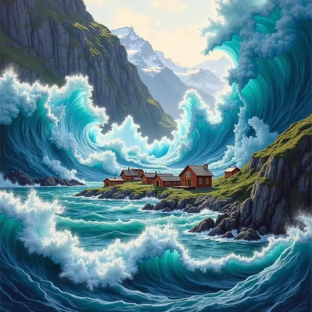 Turbulent Seiche Engulfs Greenland Fjord as Impasto Painting