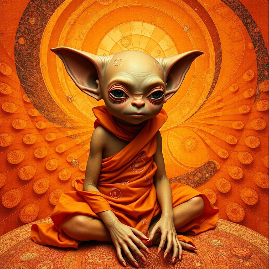 Whimsical Surrealist Portrait in Vibrant Orange Hues