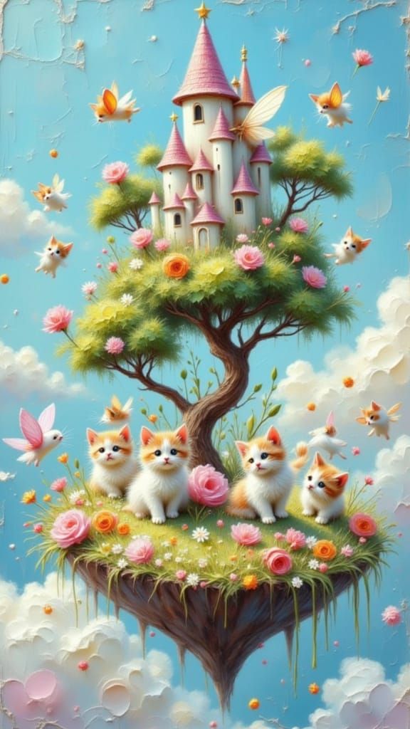 Whimsical Fairy Kitten Islands in Impasto Style