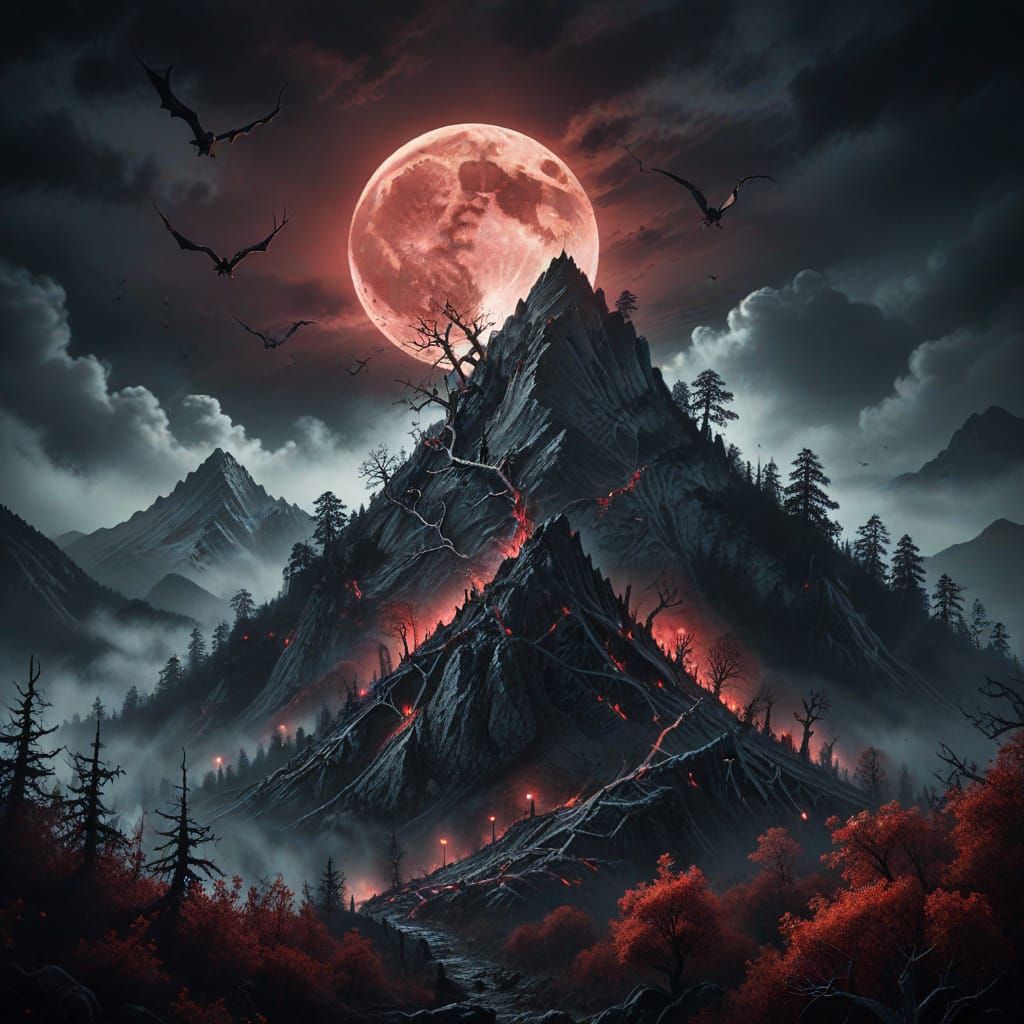 Ethereal Mountain Under Blood Moonlit Sky