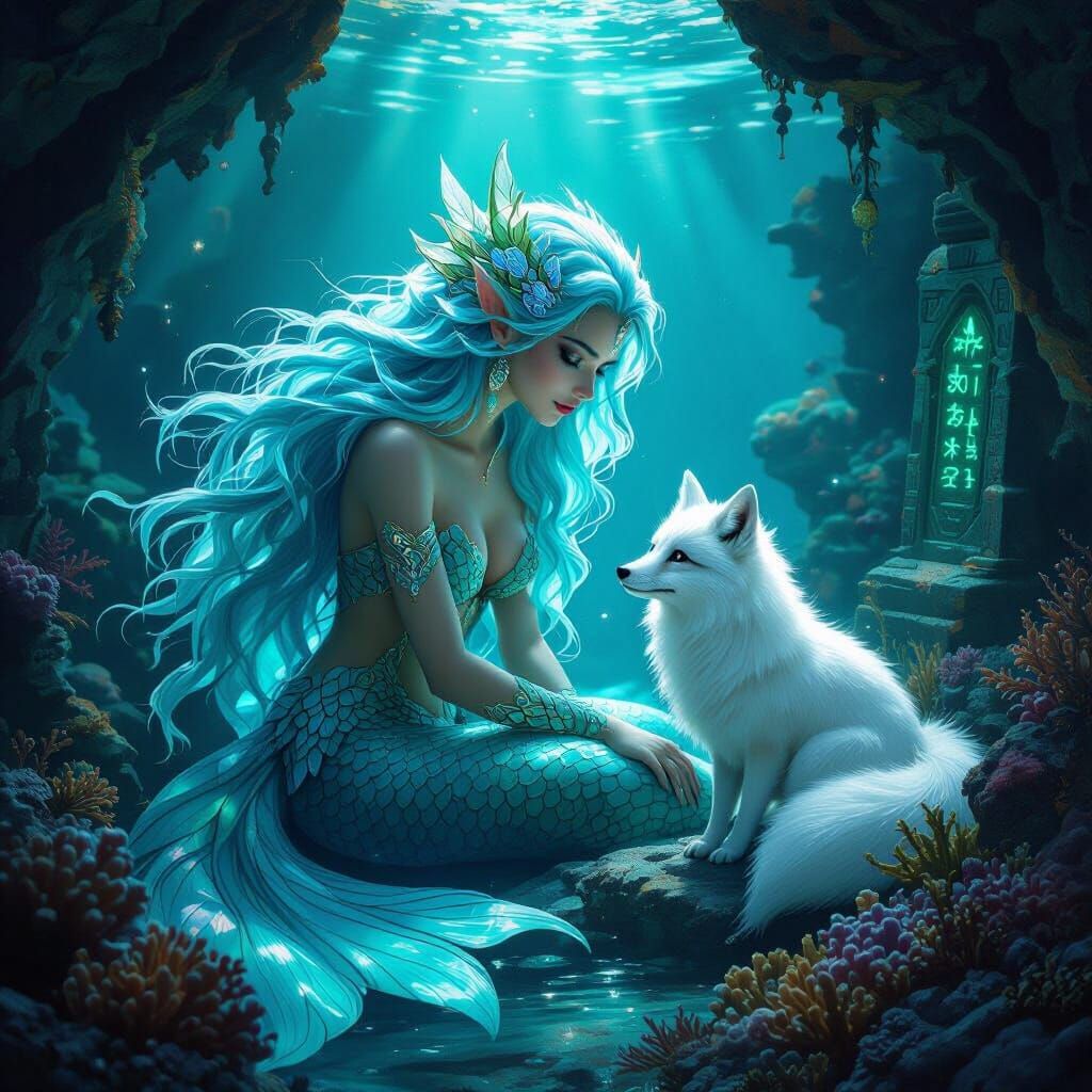 Mermaid Guardian Protects Arctic Fox in Bioluminescent Grott...