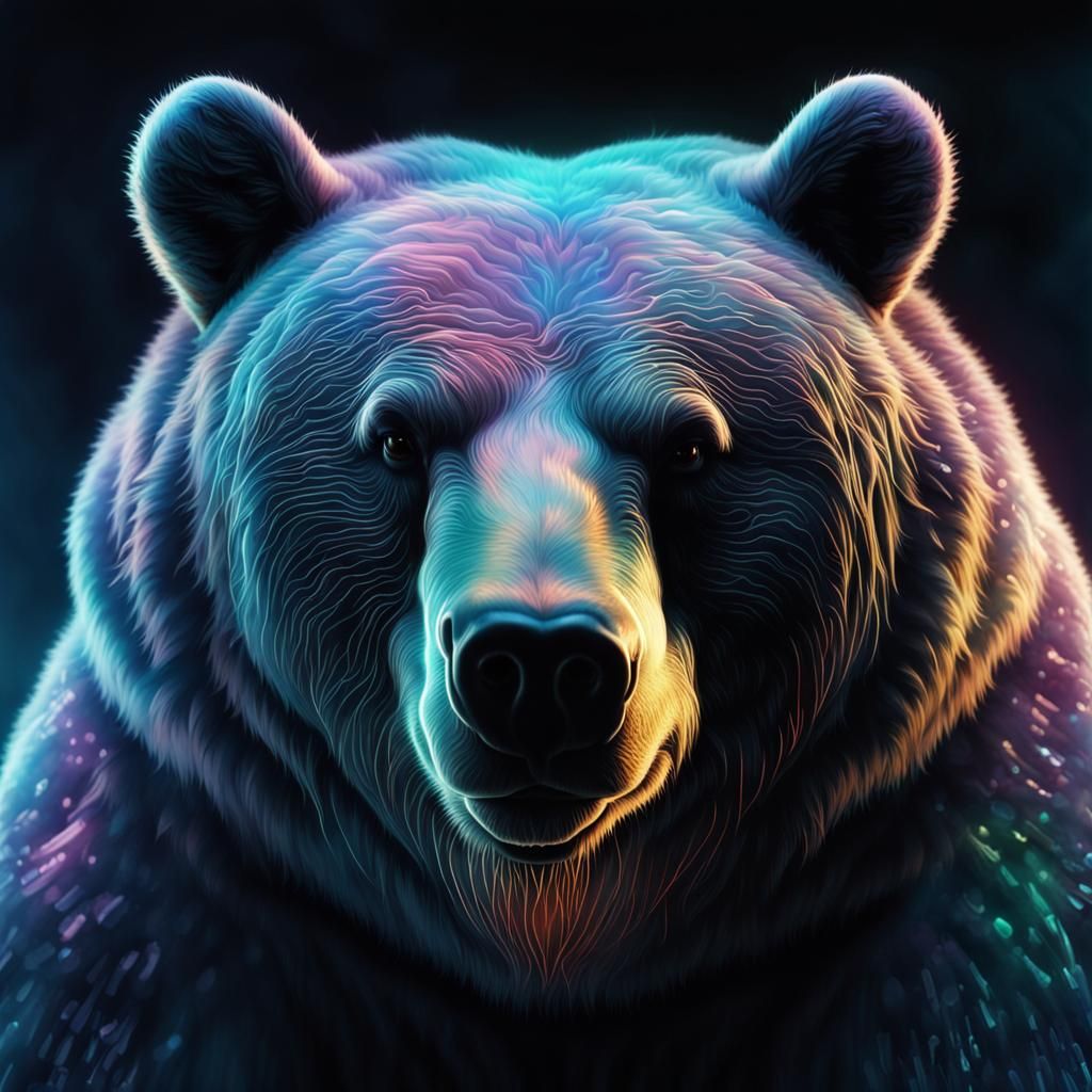 Bioluminescent Holographic Bear Portrait in Darkness