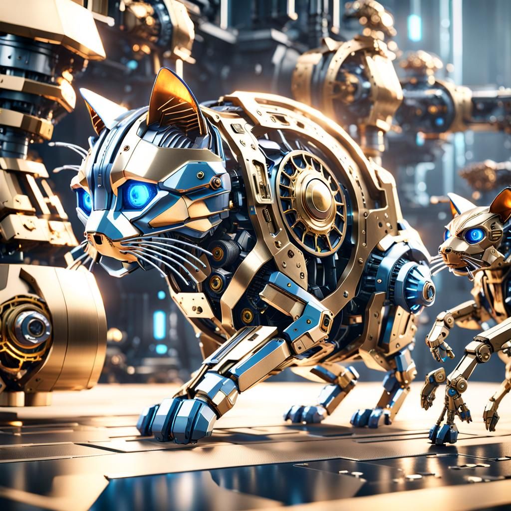 Blue Cat Chasing Brass Robot in Sci-Fi Style