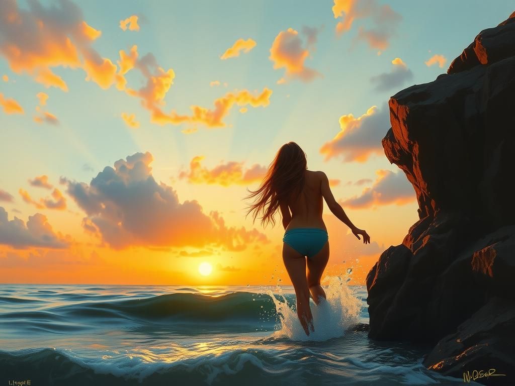 Nymph Emerges from Sea at Sunset