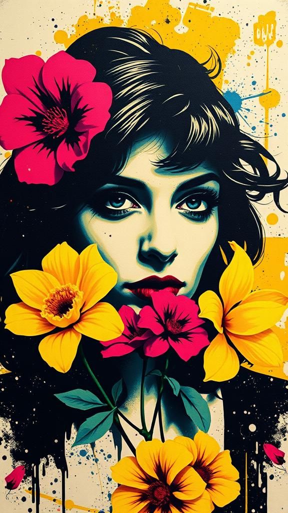 Amy Winehouse Pop Art Portrait with Flowers