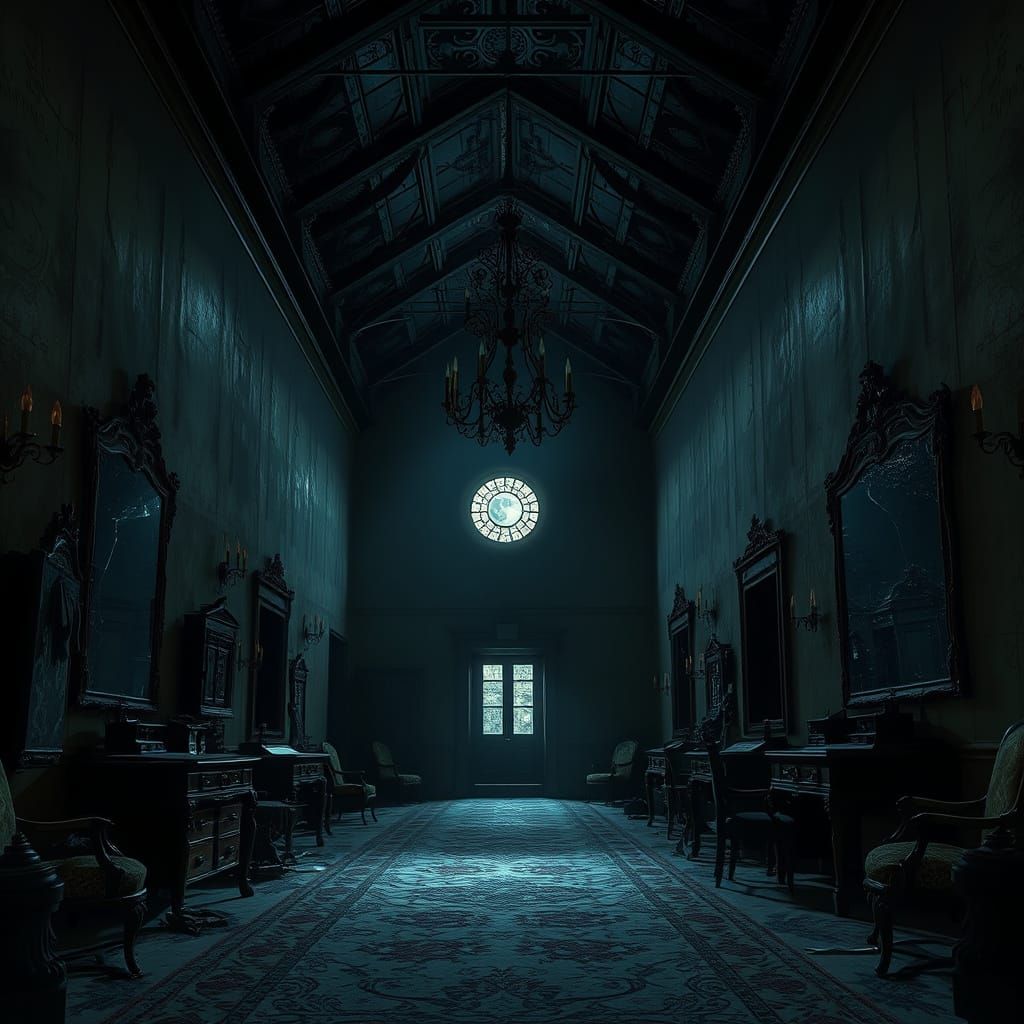 Eerie Haunted Manor Hallway in Moonlight