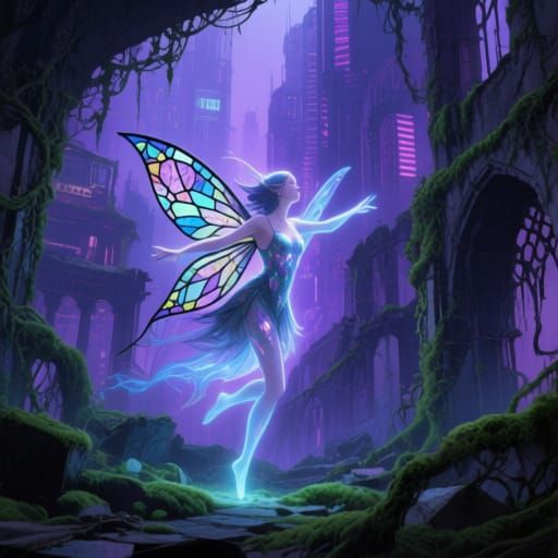 Ethereal Fairy Dances in Cyberpunk City Ruins