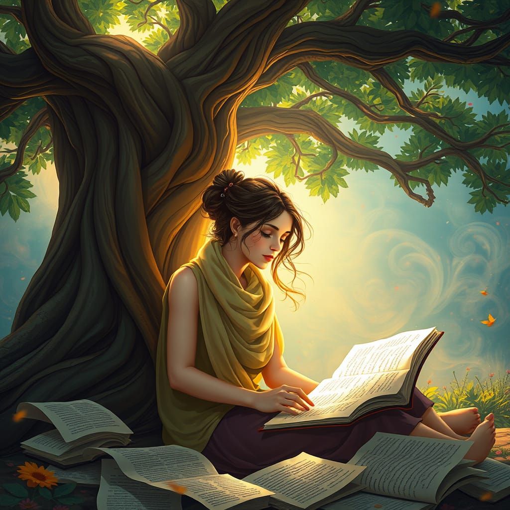 Enchanted Poetess in Vibrant Fantasy Realm