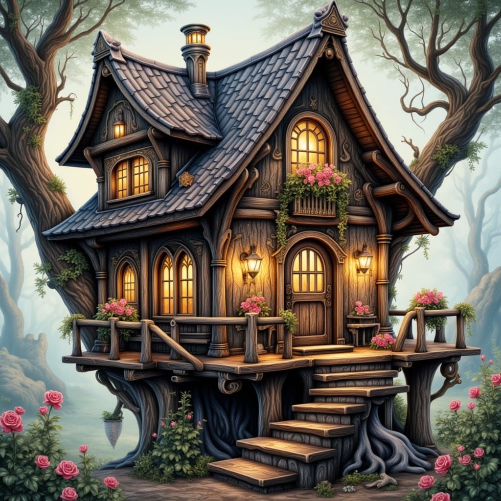 Whimsical Wooden Fairy Tale House in a Pink Rose Garden