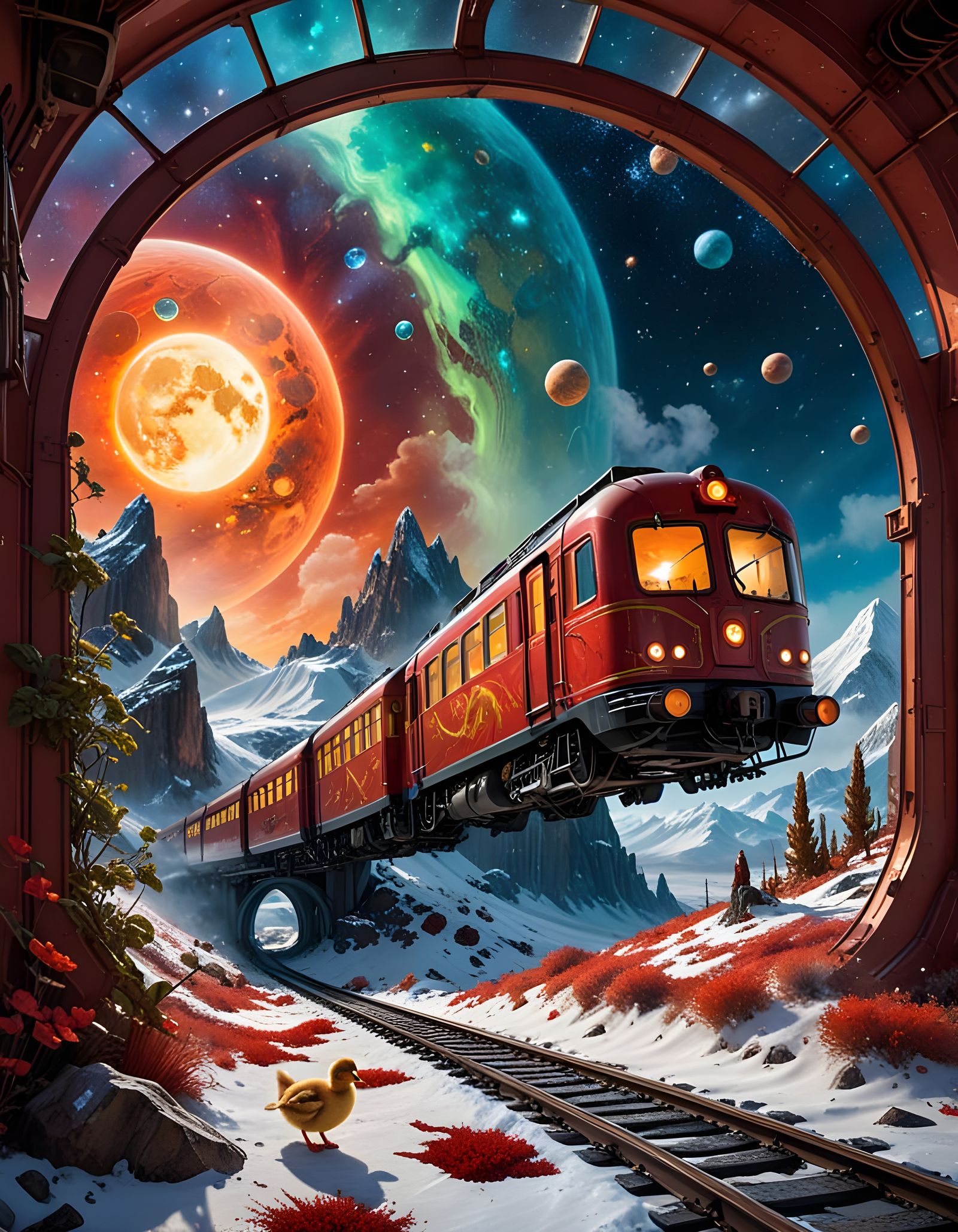 AI Art: Surreal Space Scenes and Winter Trains