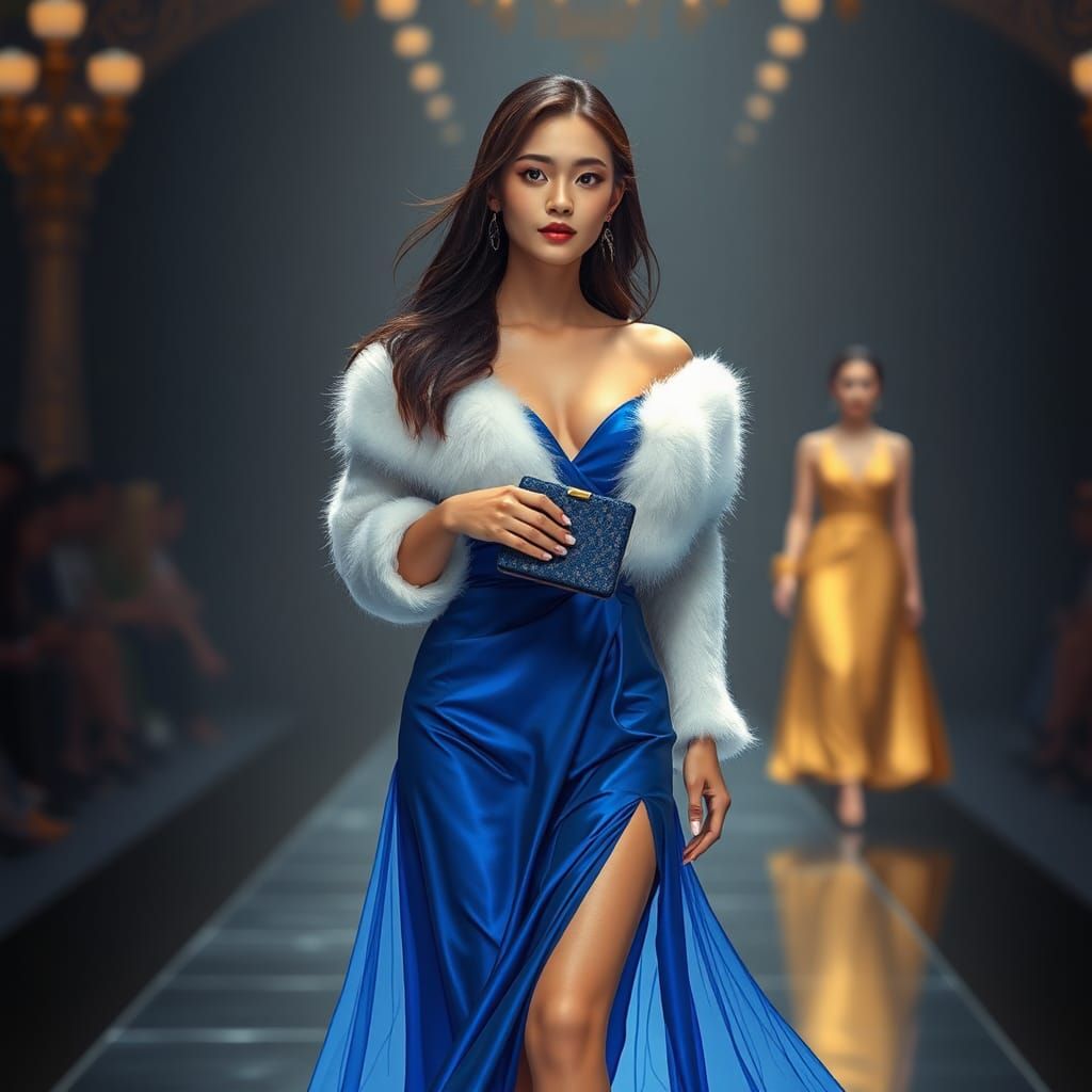 Asian Woman in Blue Dress on Catwalk