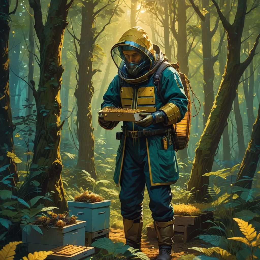 Fantasy Beekeeper in Lush Forest: Matte Painting