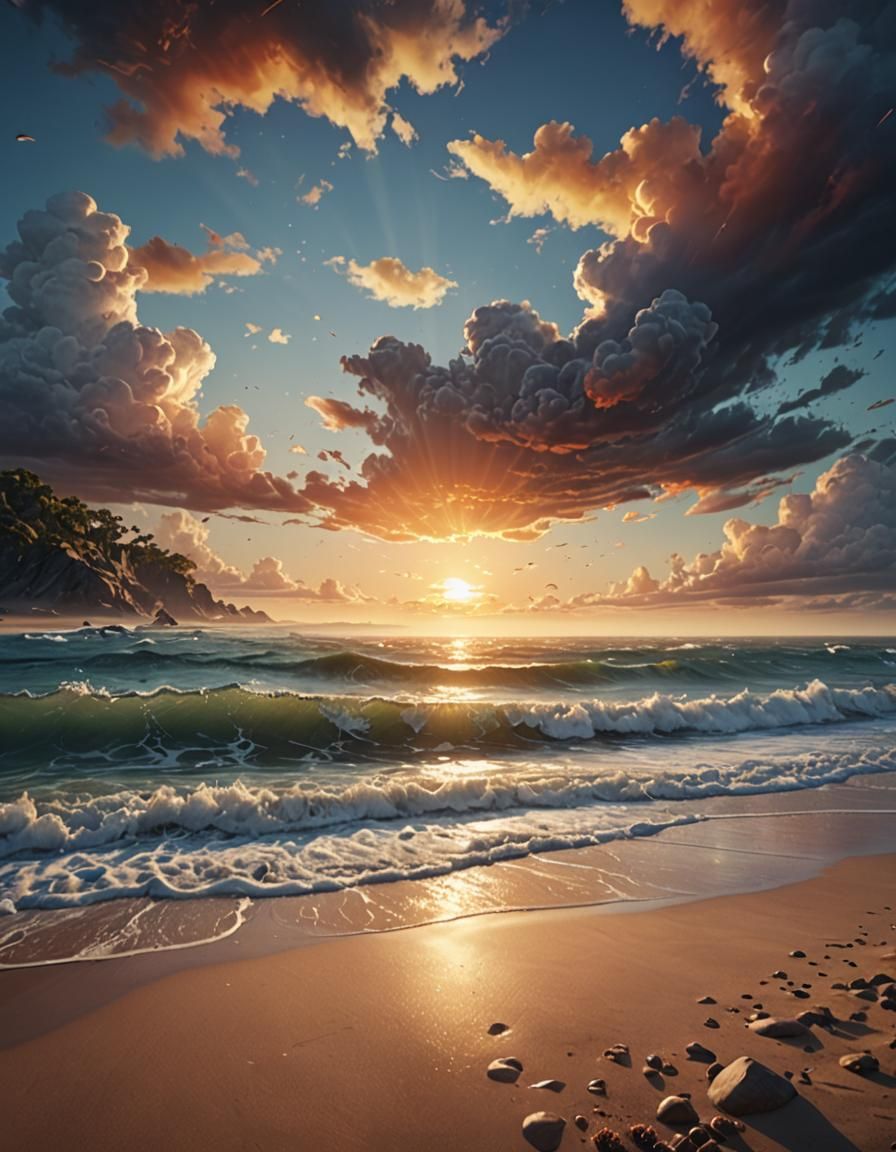 Sunrise Beach Landscape: Detailed Matte Painting