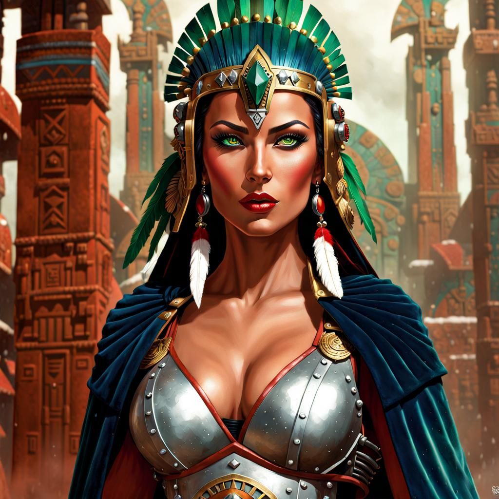 Space Marine Woman in Cybernetic Armor, Aztec Headdress