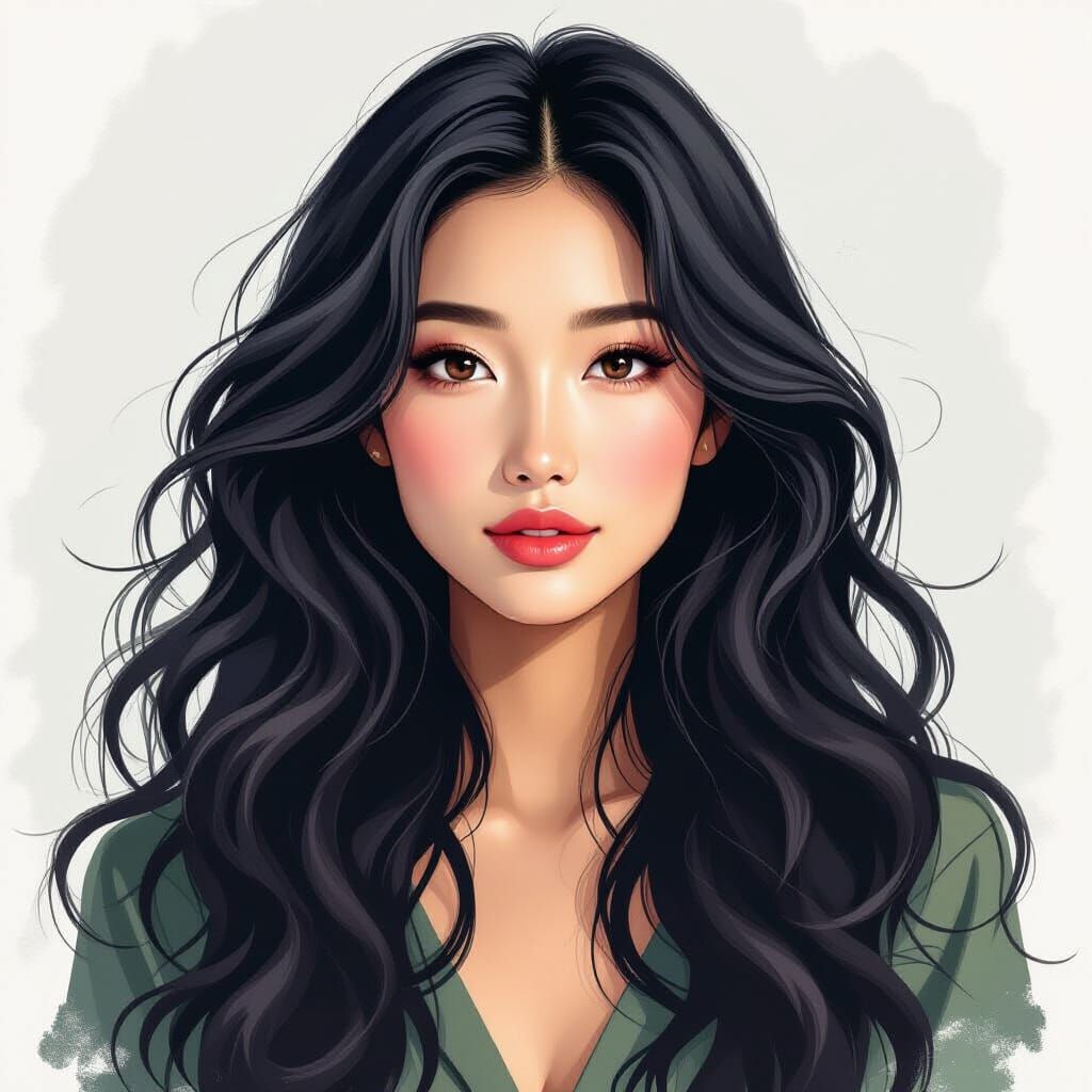 Asian Woman Portrait in Watercolour and Anime Style