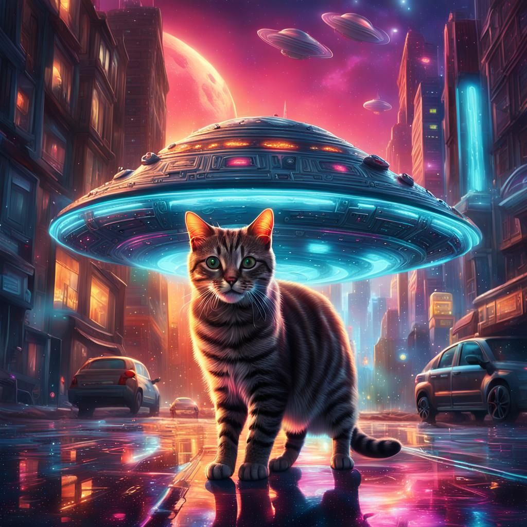 Cat Photo-Bombing UFO Invasion: Hyperrealistic Sci-Fi