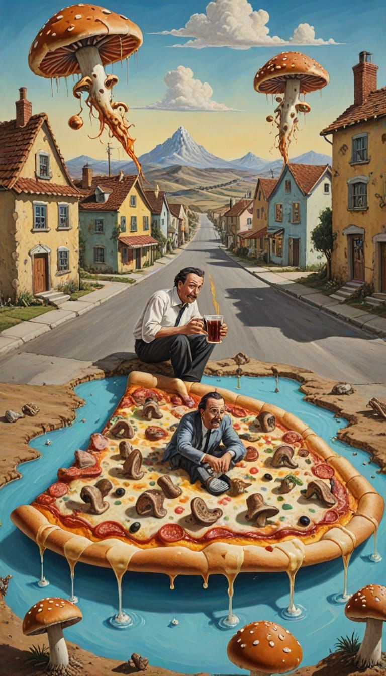Surreal Pizza World with Running Pizzas, Dali Style