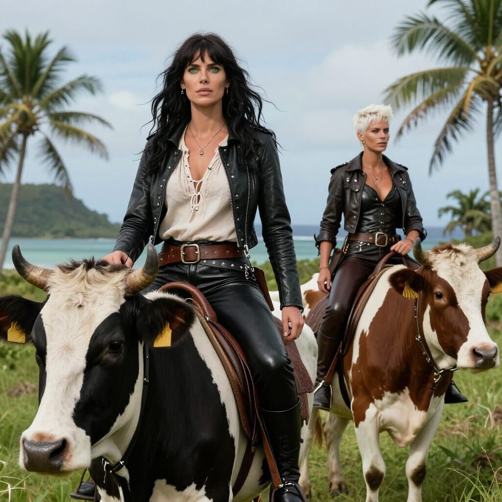 Two Women Riding Cows on Tropical Island in Hyperrealistic S...